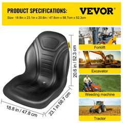 Universal Tractor Seat Replacement 2 Pack, Compact High Back Mower Seat Pair, Black Vinyl Forklift Seat, Central Drain Hole Skid Steer Seat with Mounting Bolt Patterns
