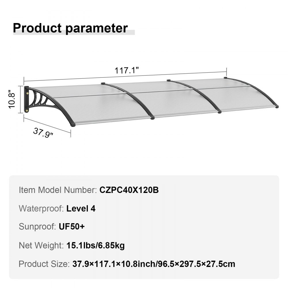 Window Door Awning Canopy, 120" x 40" Door Canopy Exterior, UF50+ PC Sunshade Sheet Awnings, Outdoor Patio Awning Sun Shade, Transparent, Waterproof, for Sun Shutter, UV, Rain, Snow Protection