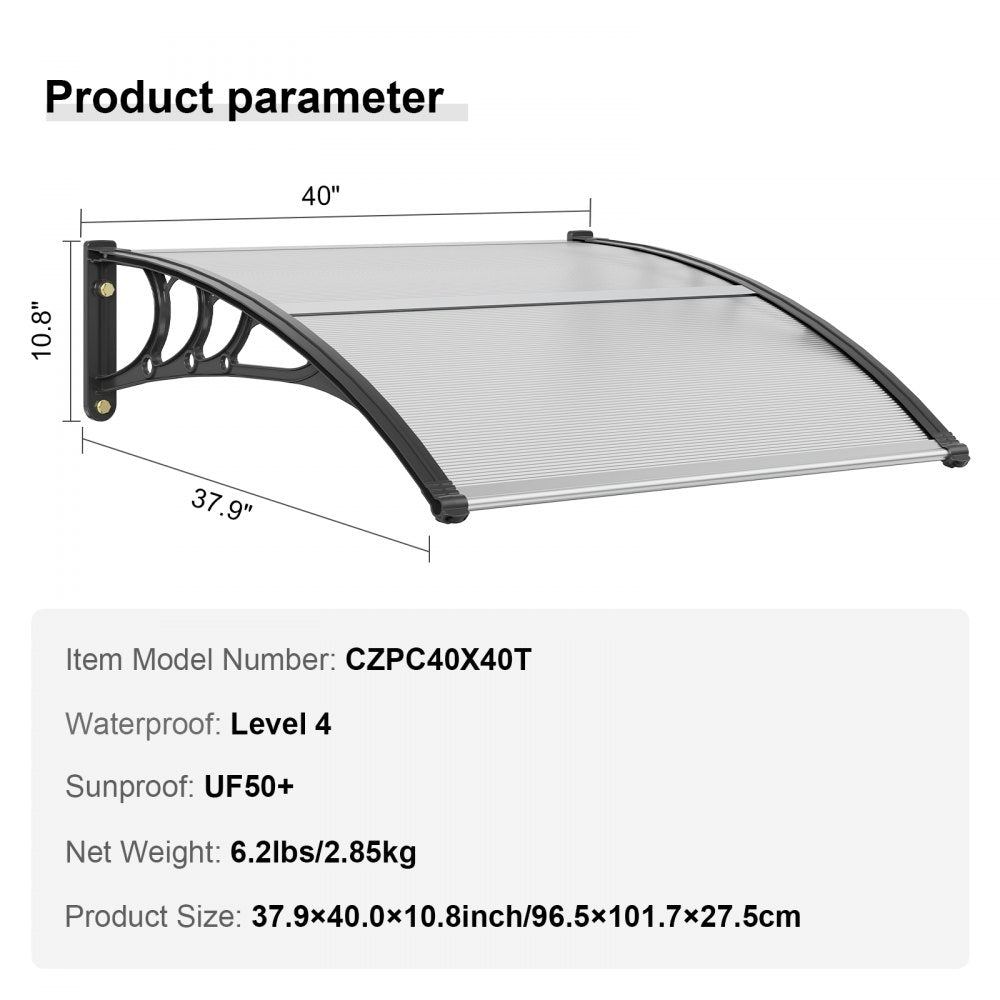 Window Door Awning Canopy 40" x 40", UPF 50+ Polycarbonate Entry Door Outdoor Window Awning Exterior, Front Door Overhang Awning for Sun Shutter, UV, Rain, Snow Protection, Hollow Sheet