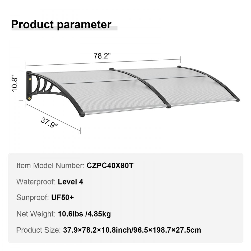 Window Door Awning Canopy 40" x 80", UPF 50+ Polycarbonate Entry Door Outdoor Window Awning Exterior, Front Door Overhang Awning for Sun Shutter, UV, Rain, Snow Protection, Hollow Sheet