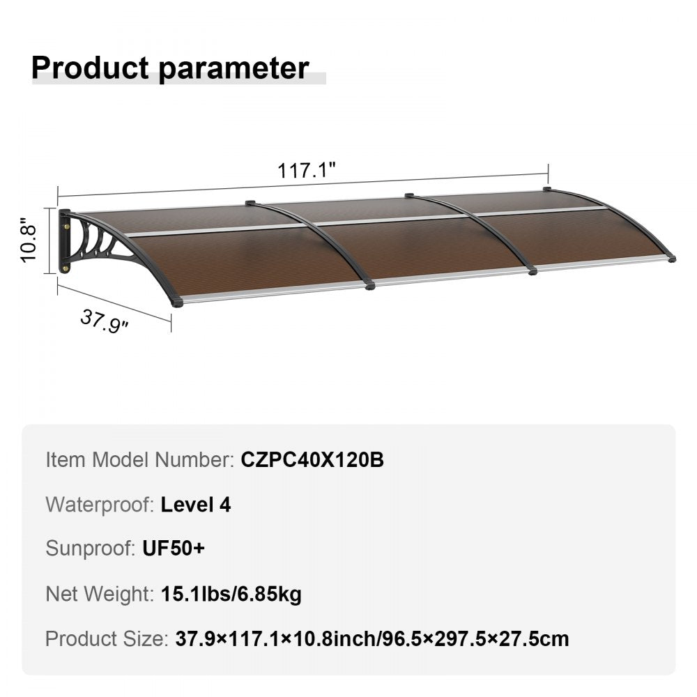 Window Door Awning Canopy 38" x 117", UPF 50+ Polycarbonate Entry Door Outdoor Window Awning Exterior, Front Door Overhang Awning for Sun Shutter, UV, Rain, Snow Protection, Hollow Sheet