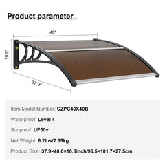 Window Door Awning Canopy 40" x 40", UPF 50+ Polycarbonate Entry Door Outdoor Window Awning Exterior, Front Door Overhang Awning for Sun Shutter, UV, Rain, Snow Protection, Hollow Sheet