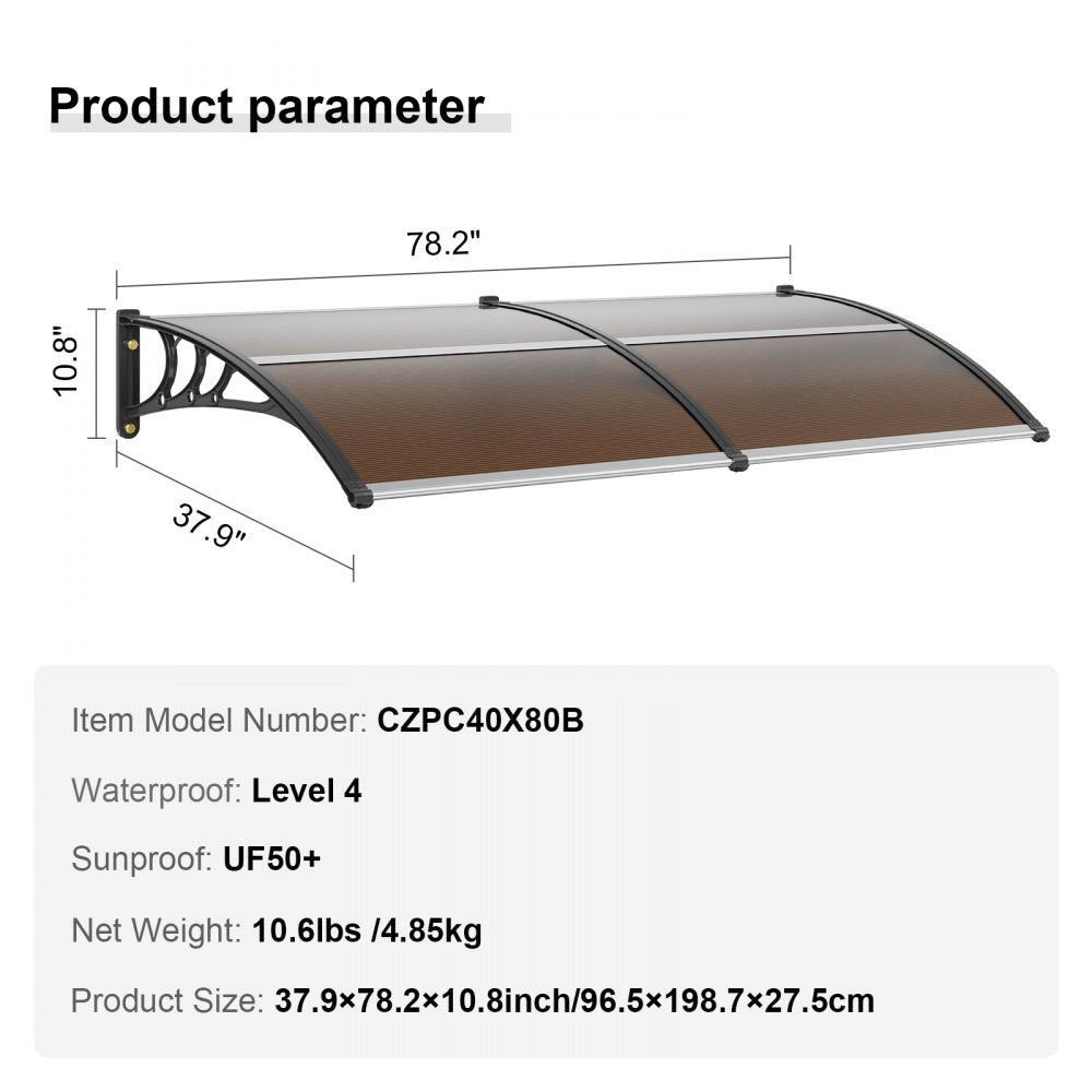 Window Door Awning Canopy 80" x 40", UPF 50+ Polycarbonate Entry Door Outdoor Window Awning Exterior, Front Door Overhang Awning for Sun Shutter, UV, Rain, Snow Protection, Hollow Sheet