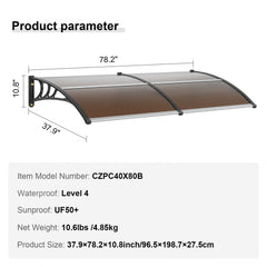 Window Door Awning Canopy 80" x 40", UPF 50+ Polycarbonate Entry Door Outdoor Window Awning Exterior, Front Door Overhang Awning for Sun Shutter, UV, Rain, Snow Protection, Hollow Sheet