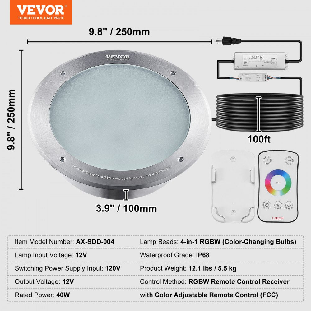 120V AC LED Pool Light, 10in 40W, RGBW Color Changing Inground Swimming Pool Spa Light Underwater, with 100 FT Cord Remote Control, Fit for 10 in Large Wet Niches, IP68 & Tested to UL Standards