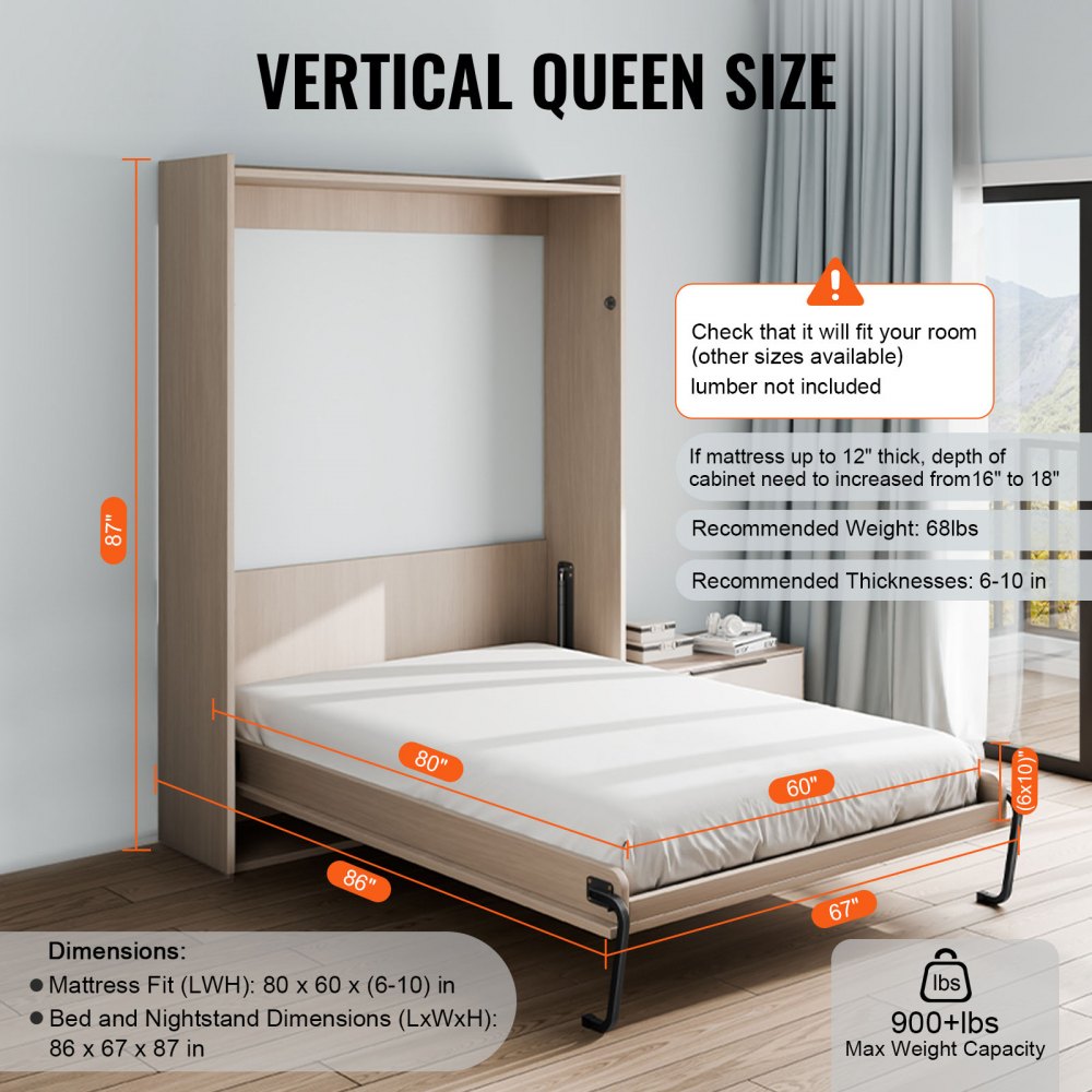 Murphy Bed Kit Queen Size Vertical Deluxe DIY Wall Bed Hardware Folding
