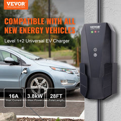 Level 1+2 Portable EV Charger, 16 Amp 120V or 240V, Electric Vehicle Charger with 28-Foot Charging Cable NEMA 6-20P Plug NEMA 5-15 Adapter, Plug-in Home EV Charging Station for SAE J1772 EVs