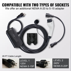 Level 1+2 Portable EV Charger, 16 Amp 120V or 240V, Electric Vehicle Charger with 28-Foot Charging Cable NEMA 6-20P Plug NEMA 5-15 Adapter, Plug-in Home EV Charging Station for SAE J1772 EVs
