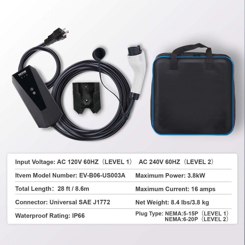 Level 1+2 Portable EV Charger, 16 Amp 120V or 240V, Electric Vehicle Charger with 28-Foot Charging Cable NEMA 6-20P Plug NEMA 5-15 Adapter, Plug-in Home EV Charging Station for SAE J1772 EVs
