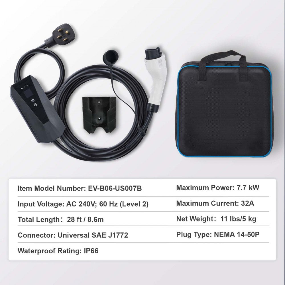 Level 2 Portable EV Charger, 32 Amp 240V, Electric Vehicle Charger with 28 ft Charging Cable NEMA 14-50P Plug, 16/20/24/32A Adjustable Current Plug-in Home EV Charging Station for SAE J1772 EVs