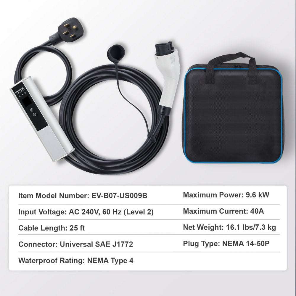 Level 2 Portable EV Charger, 40A 240V, Electric Vehicle Charger with 25 ft Charging Cable NEMA 14-50P Plug, 40A/32A/24A/16A Adjustable Current Plug-in Home EV Charging Station for SAE J1772 EVs