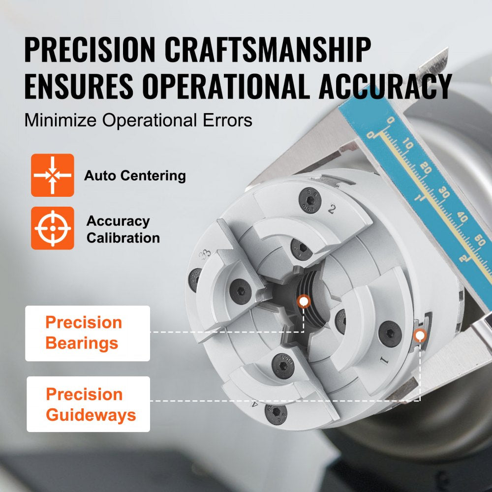 4-jaw self-centering lathe chuck with precision bearings, guideways, and auto-centering features.