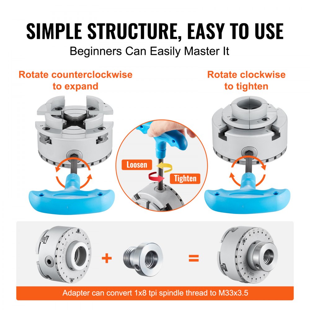 4-jaw lathe chuck with simple structure, easy rotation to tighten or loosen, and 1x8 to M33.5 adapter.