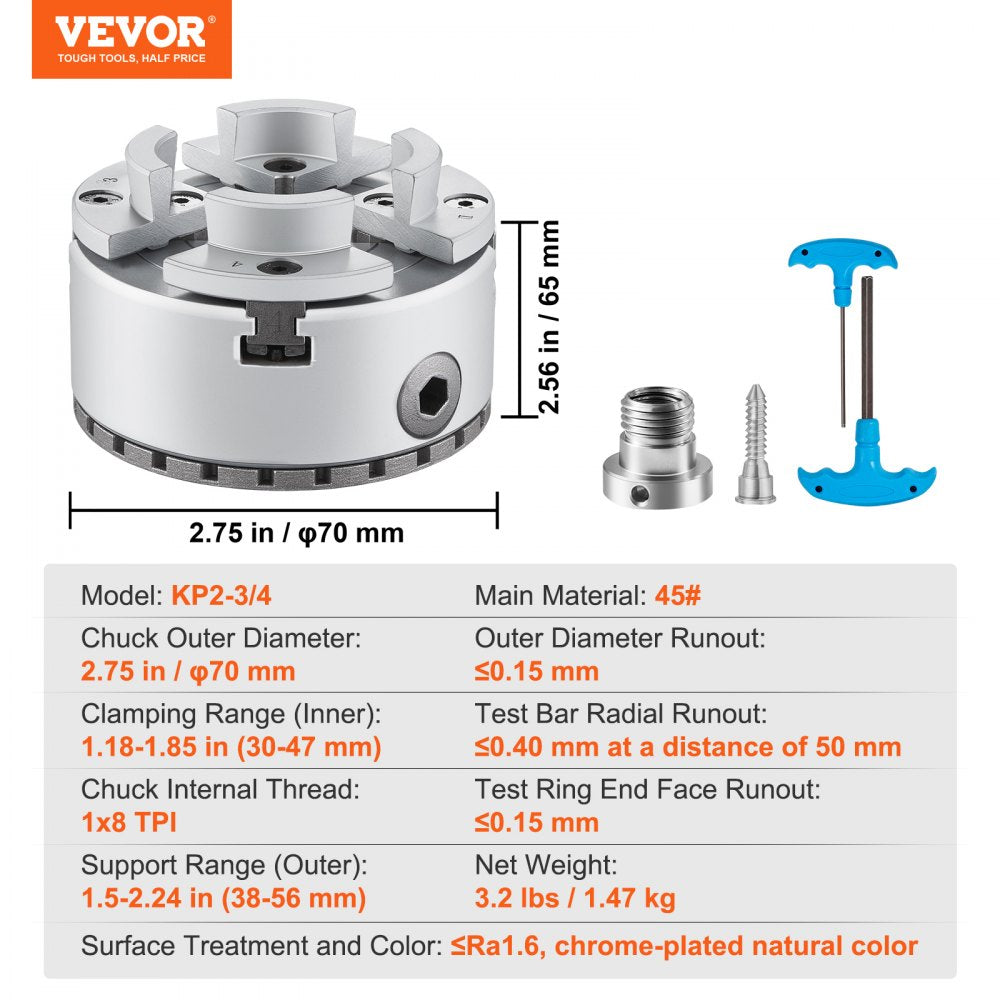 4-jaw self-centering lathe chuck with 2.75-inch diameter, reversible jaws, and T-handle wrench.