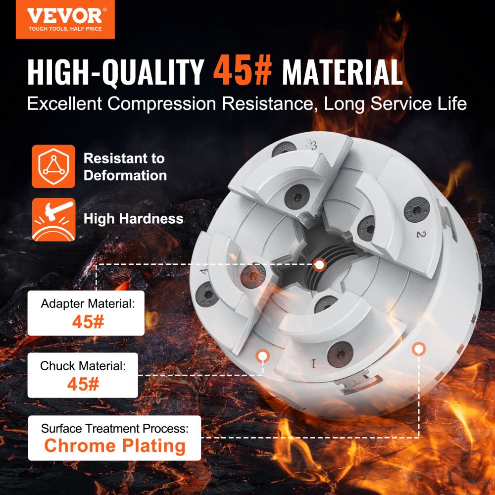 4-jaw lathe chuck with adjustable jaws for versatile clamping and durable steel construction.