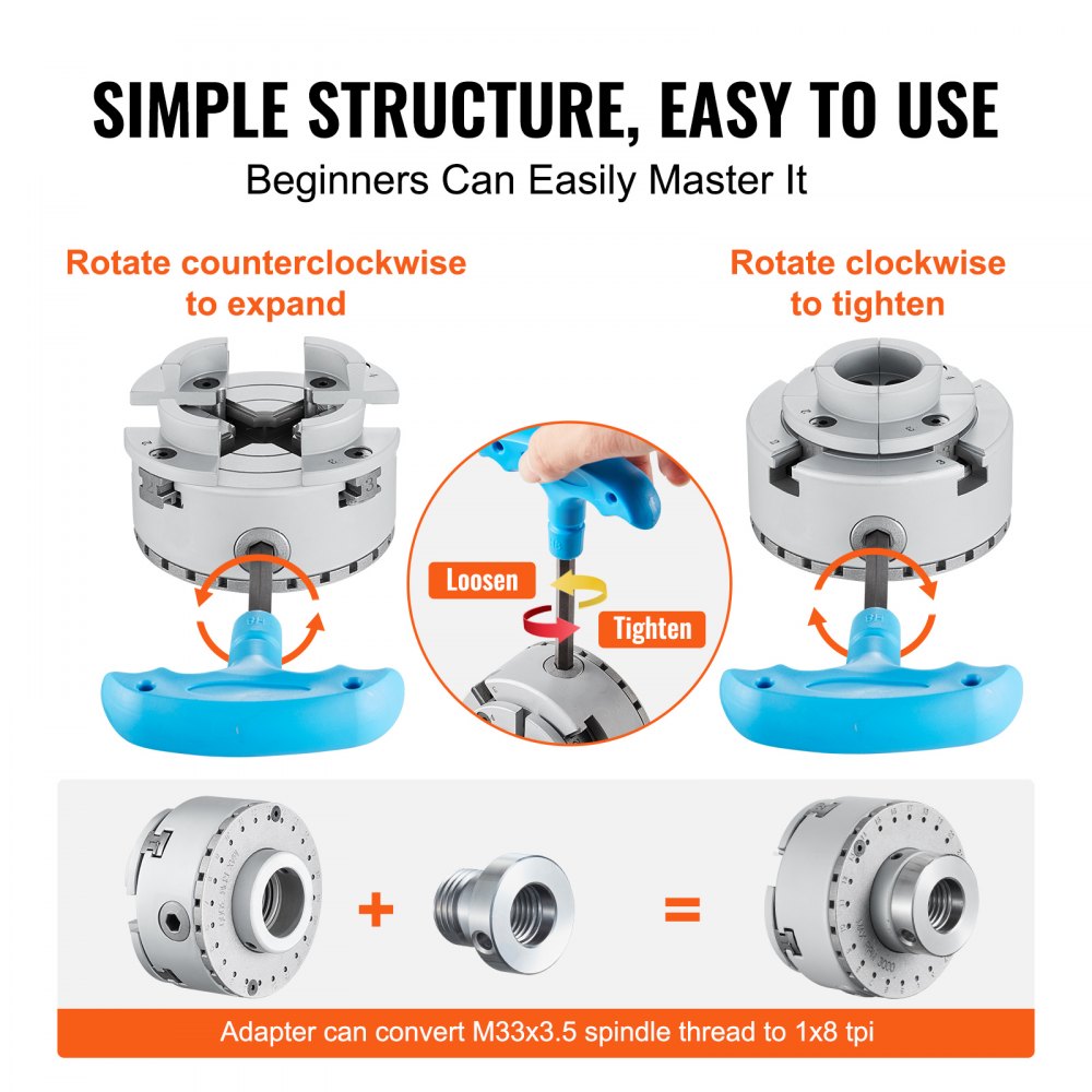 4-jaw lathe chuck with adjustable jaws for versatile clamping and high-strength steel construction.