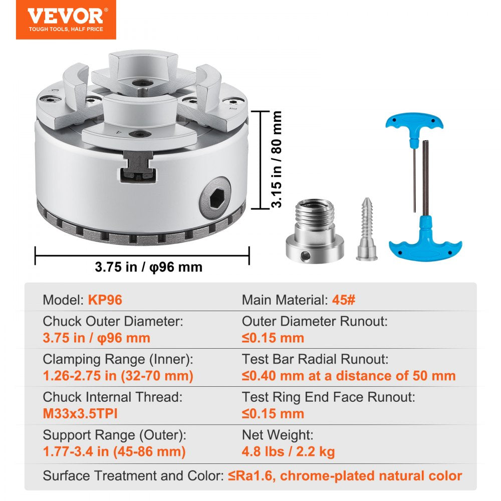 Bostome KP96 4-jaw lathe chuck with adjustable jaws and durable steel construction.