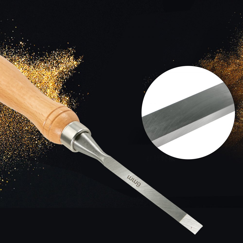 Bostome 12-piece HSS wood lathe chisel set with ergonomic handles and wooden storage case.