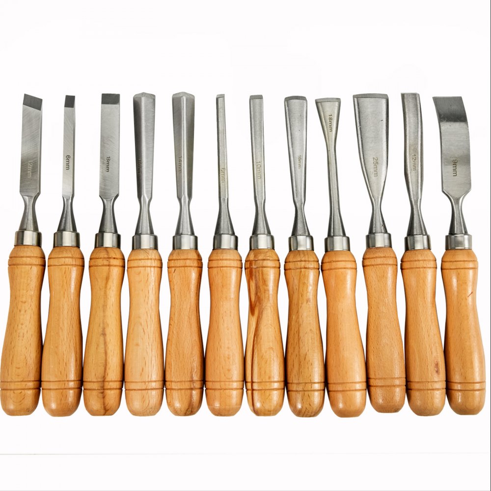 Bostome 12pc HSS Wood Lathe Chisel Set with ergonomic handles and wooden storage case.