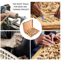 12-piece HSS wood lathe chisel set with ergonomic handles and a wooden storage case.