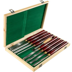 Open wooden case displaying 8-piece HSS lathe chisel set with red handles for wood turning.