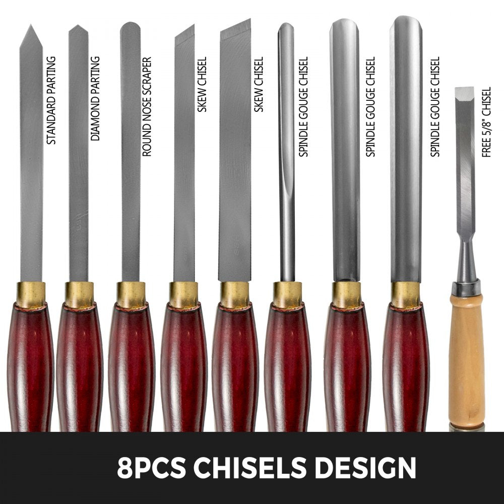 8-piece HSS lathe chisel set with red handles for wood turning.