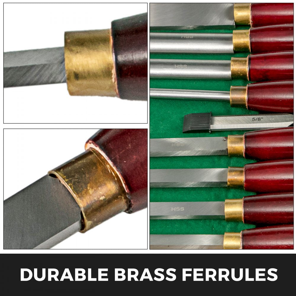 8-piece HSS lathe chisel set with red handles and brass ferrules.