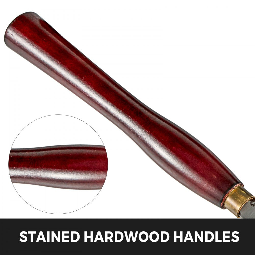 Close-up of red stained hardwood handles on Bostome HSS lathe chisels.