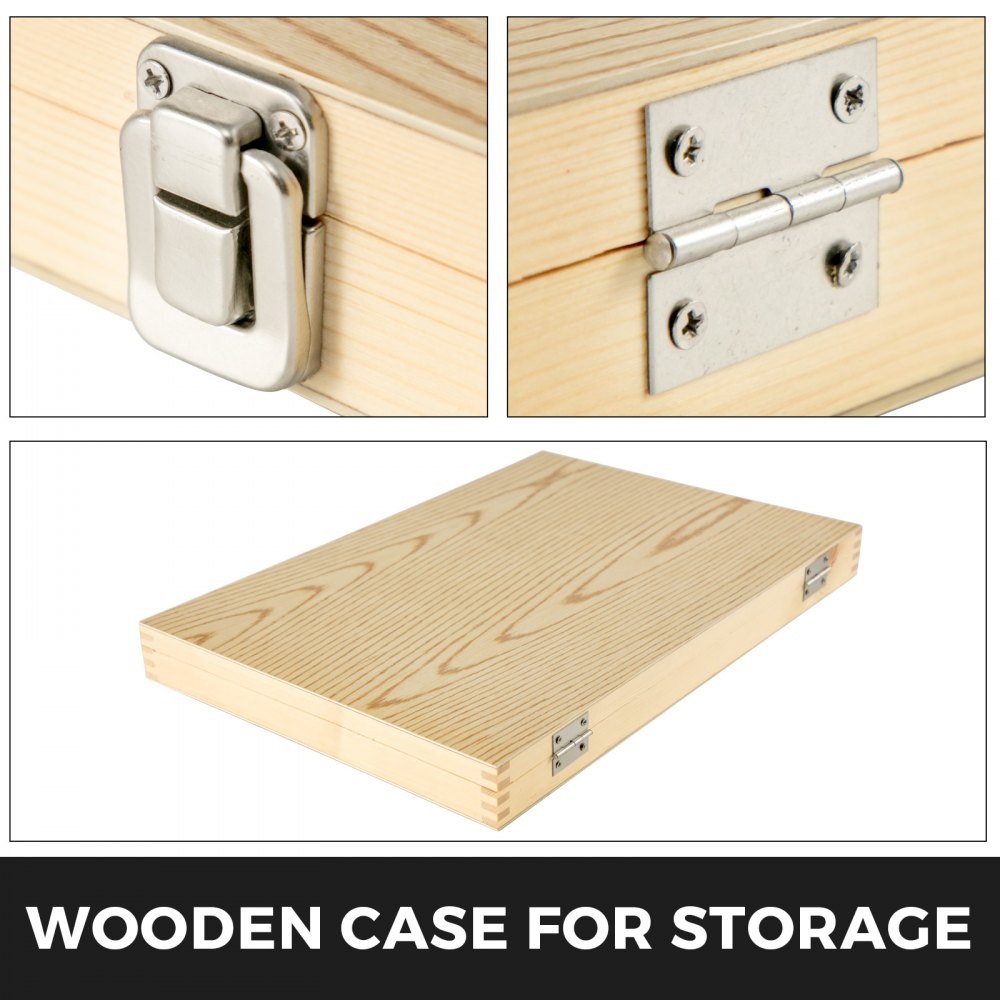 Wooden storage case for 8-piece HSS lathe chisel set with metal latches and hinges.