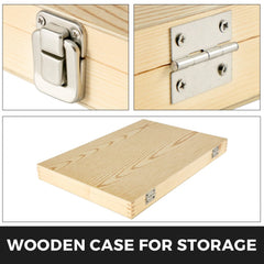Wooden storage case for 8-piece HSS lathe chisel set with metal latches and hinges.
