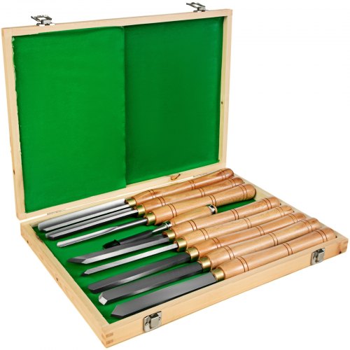 Open wooden case containing 8 HSS wood lathe chisels with wooden handles.