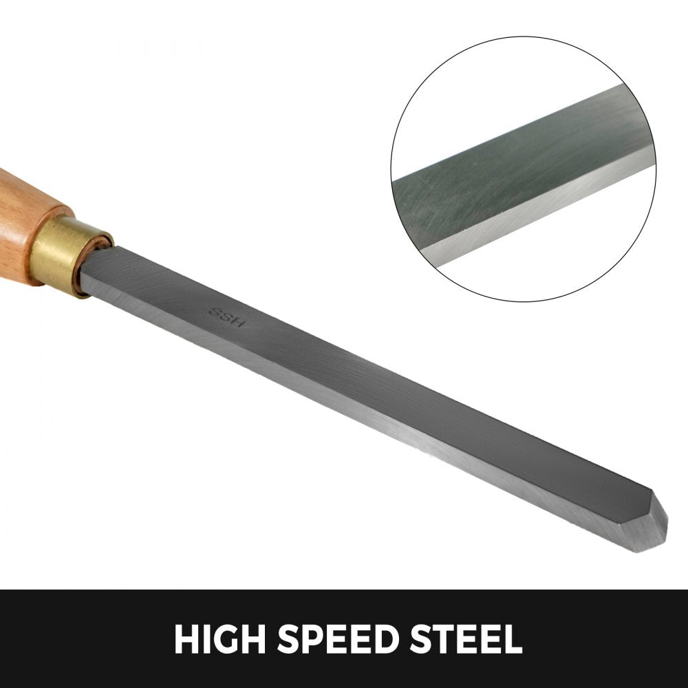 8-piece HSS wood lathe chisel set with wooden handles and case.