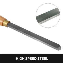 8-piece HSS wood lathe chisel set with wooden handles and case.
