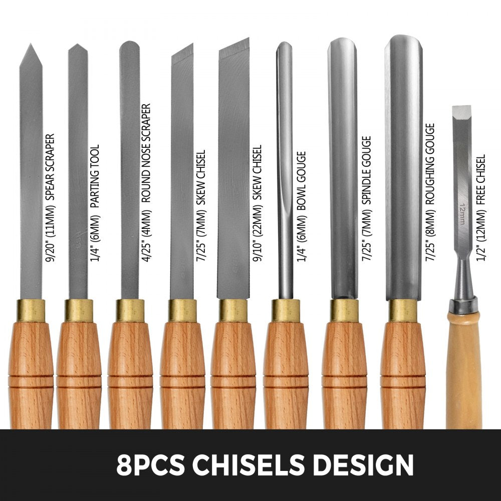 8-piece HSS wood lathe chisel set with various blade shapes and wooden handles in a wooden case.