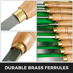 8-piece HSS wood lathe chisel set with hardwood handles, brass ferrules, and wooden case.