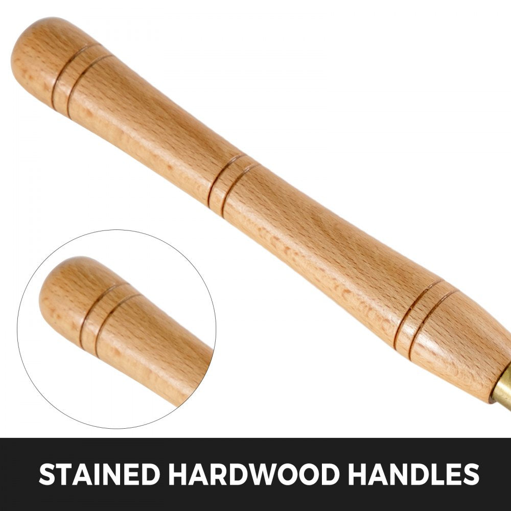Stained hardwood handles on wood lathe chisels with brass ferrules.