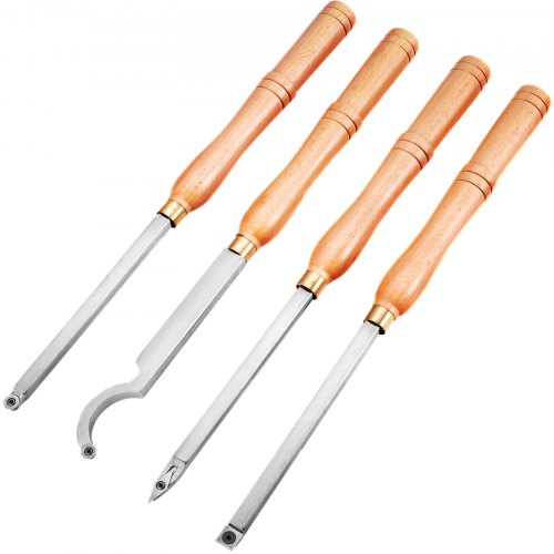 Four-piece wood turning tool set with beech handles and replaceable carbide cutters.