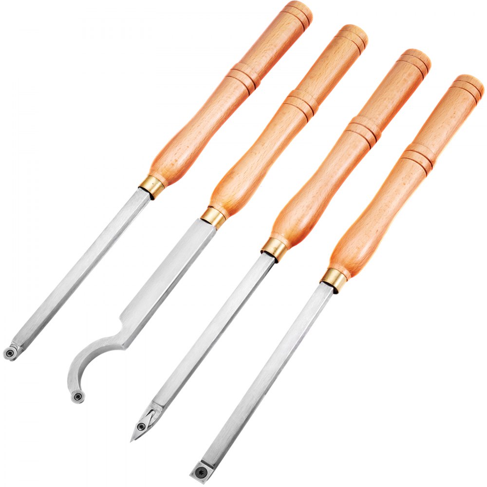 Four-piece wood turning tool set with beech handles and replaceable carbide cutters.