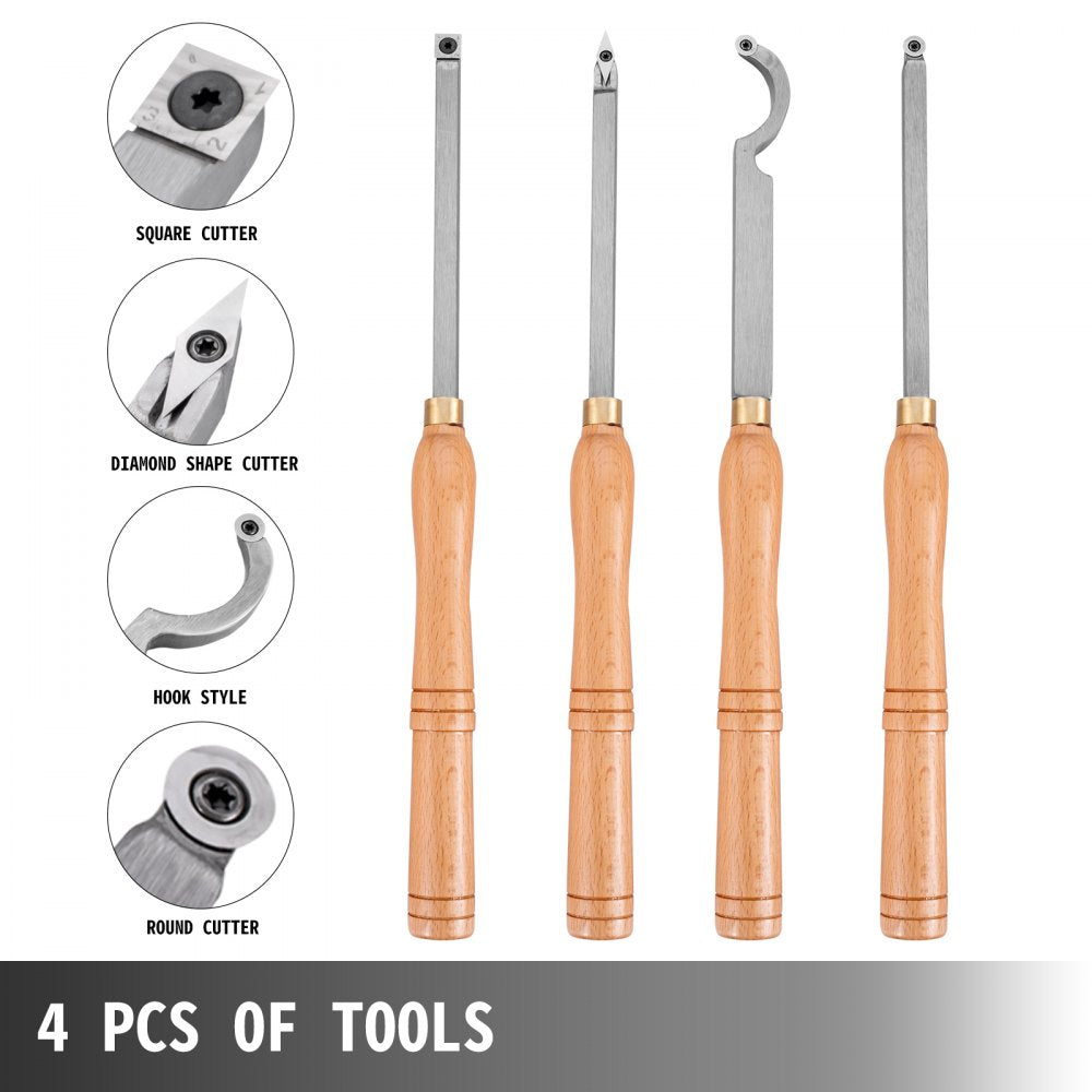 Four-piece wood turning tool set with beech handles and replaceable carbide cutters.