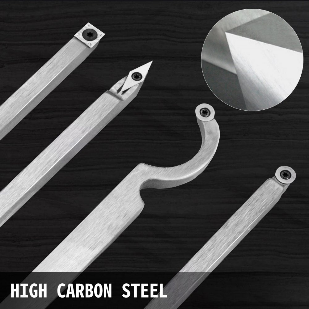 Four-piece wood turning tool set with beech handles and replaceable carbide cutters.