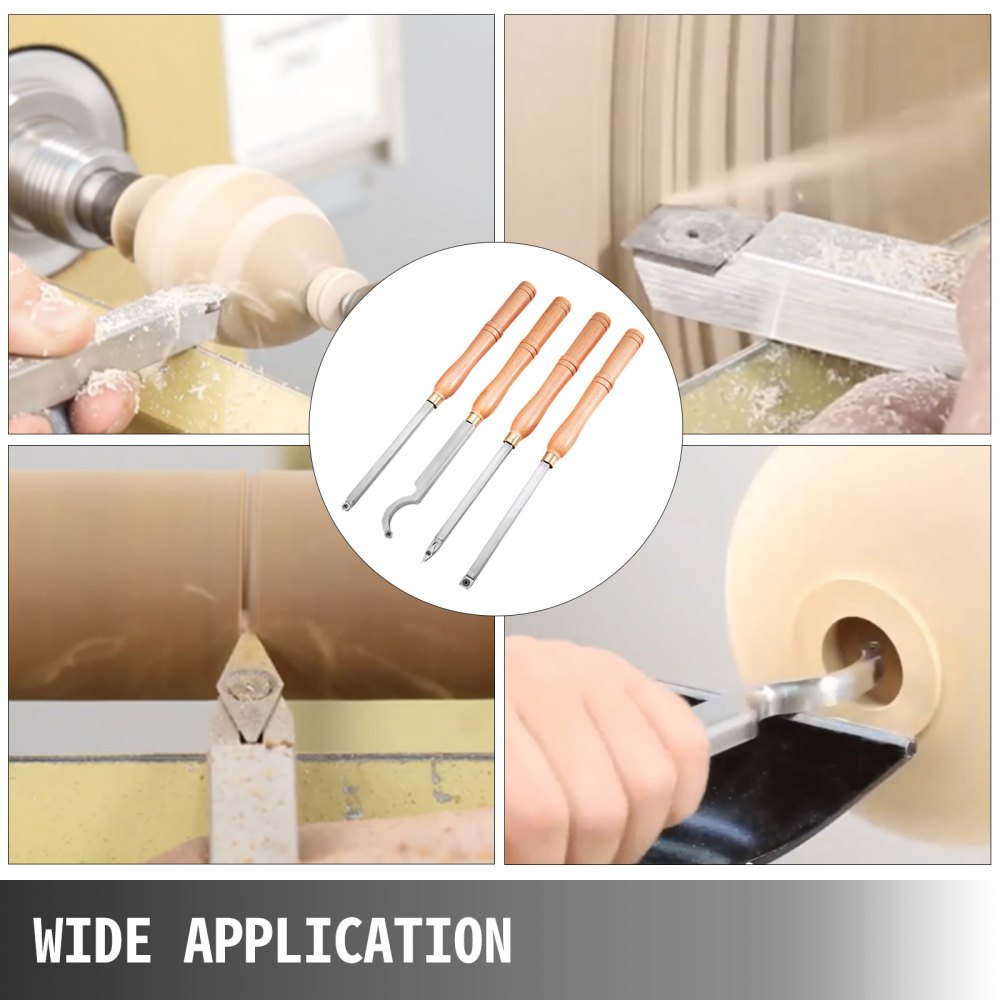 Four-piece wood turning tool set with beech handles and replaceable carbide cutters.