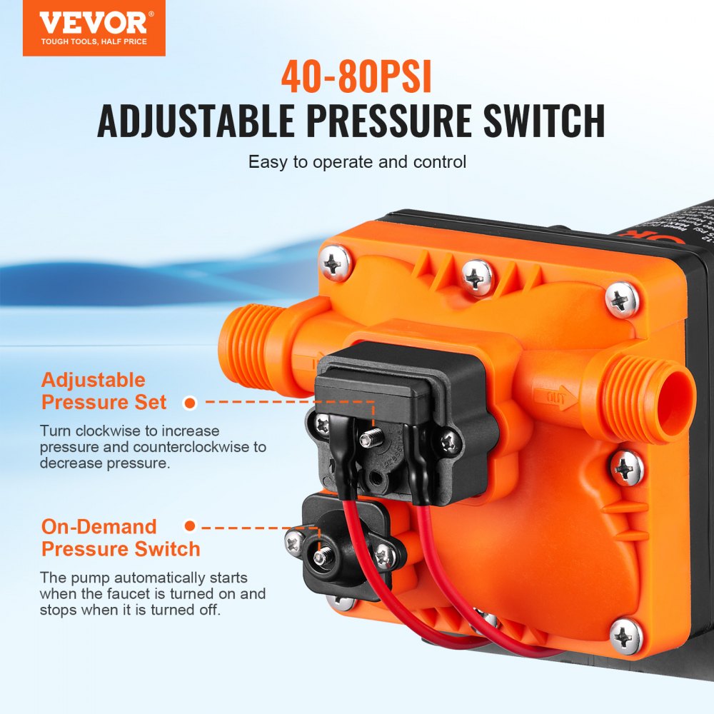 Water Diaphragm Pump, 12V DC, 3.5 GPM Flow, 55 PSI Rated Pressure (40-80 PSI Adjustable), 1/2" MNPT Self Priming Sprayer Pump with Pressure Switch for RV Camper Marine Boat Lawn, FCC Certified