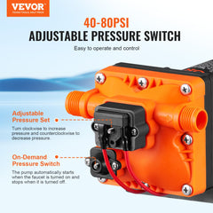 Water Diaphragm Pump, 12V DC, 3.5 GPM Flow, 55 PSI Rated Pressure (40-80 PSI Adjustable), 1/2" MNPT Self Priming Sprayer Pump with Pressure Switch for RV Camper Marine Boat Lawn, FCC Certified