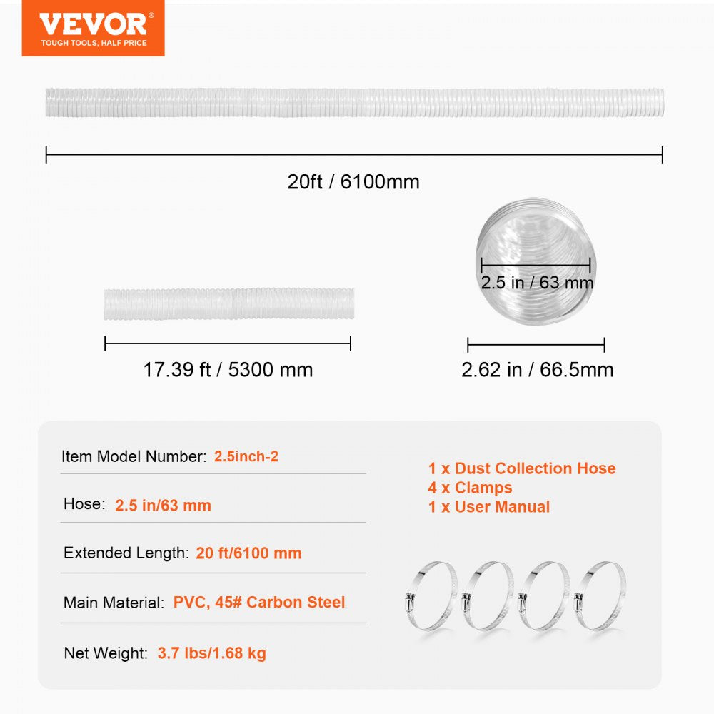 2.5`` x 20` Dust Collection Hose Thickened PVC Flexible Clear Hose