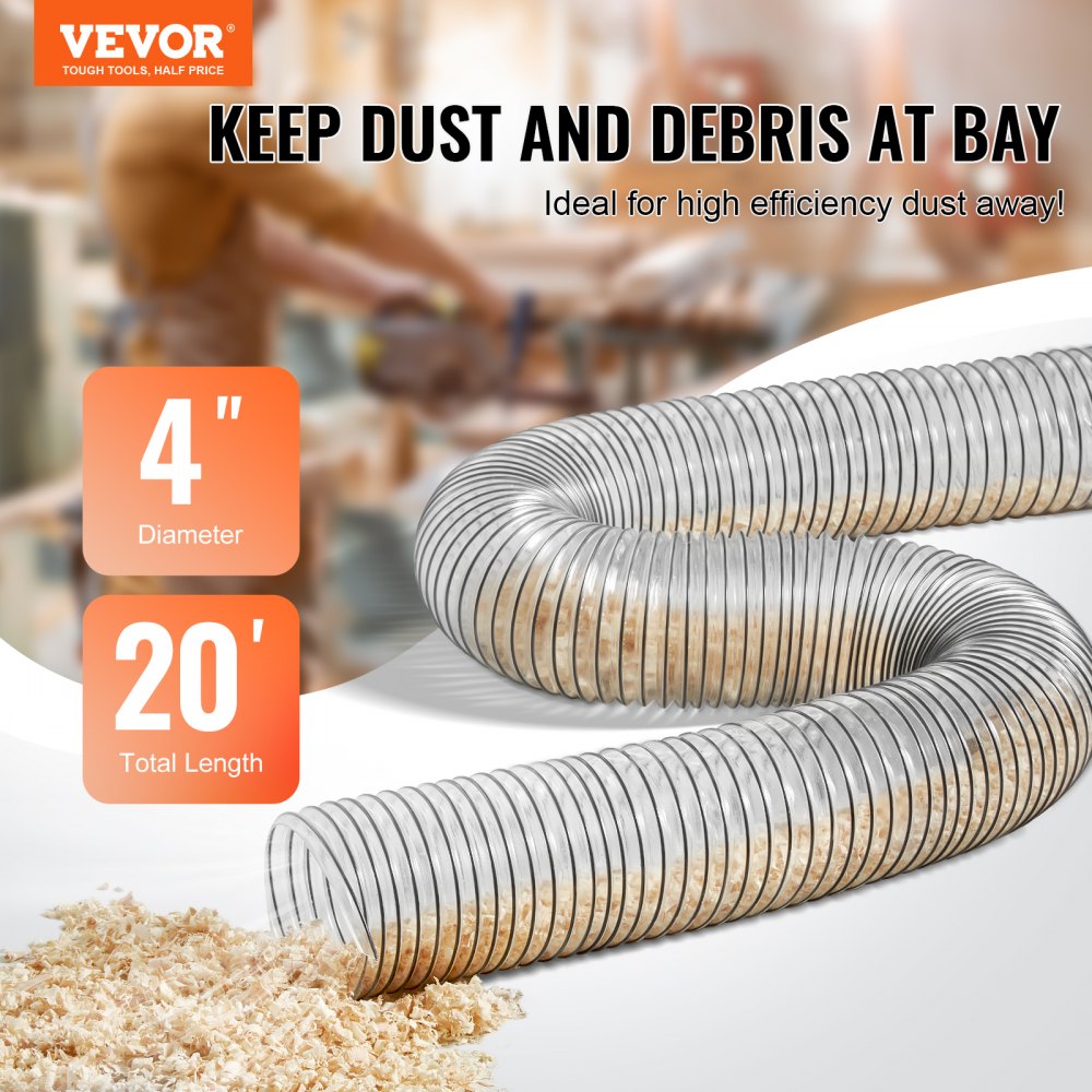 Clear PVC dust collection hose, 4 inches wide and 20 feet long, with stainless steel clamps.