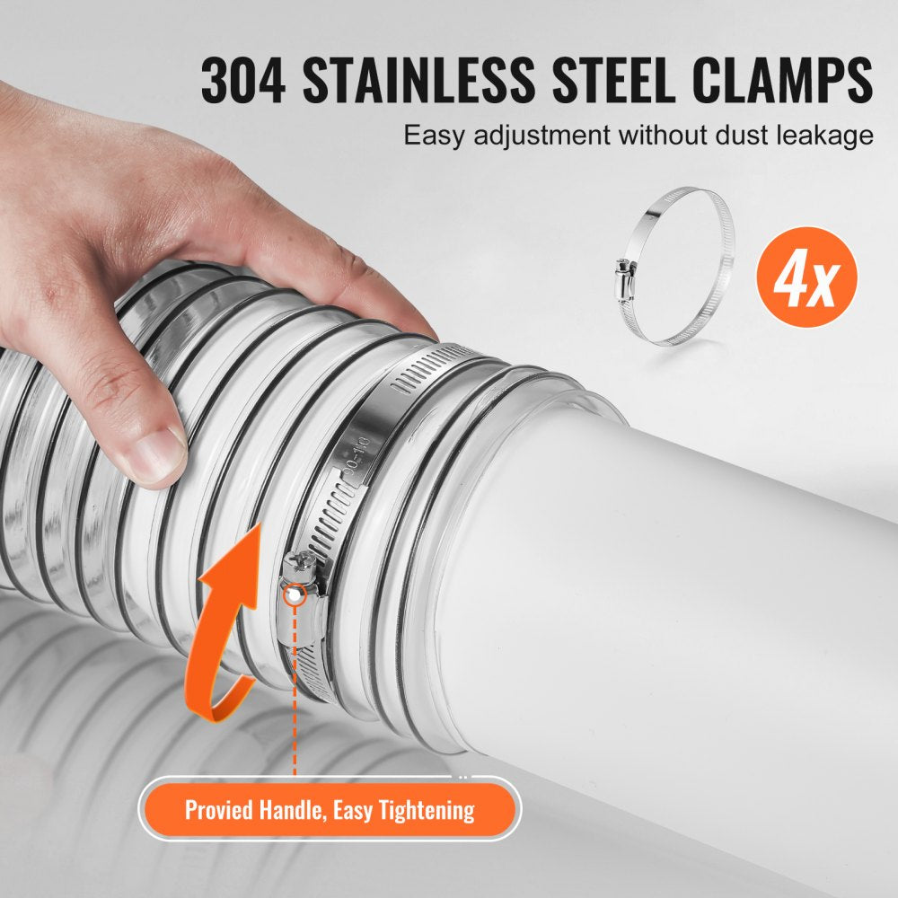 Clear 4" x 20' dust collection hose with stainless steel clamps for secure connections.