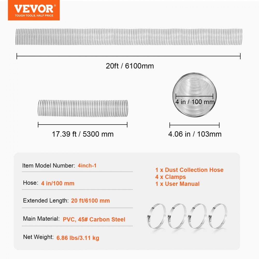 Clear PVC dust collection hose, 4 inches wide and 20 feet long, with stainless steel clamps.
