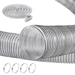 Clear 4-inch PVC dust collection hose, 50 feet long, with stainless steel clamps and reinforced design.