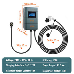 Level 2 Electric Vehicle Charging Station, 0-48A Adjustable, 11.5 kW 240V NEMA14-50 Plug Smart EV Charger with WiFi, 24-Foot TPE Charging Cable for Indoor/Outdoor Use, ETL & Energy Star Certifie