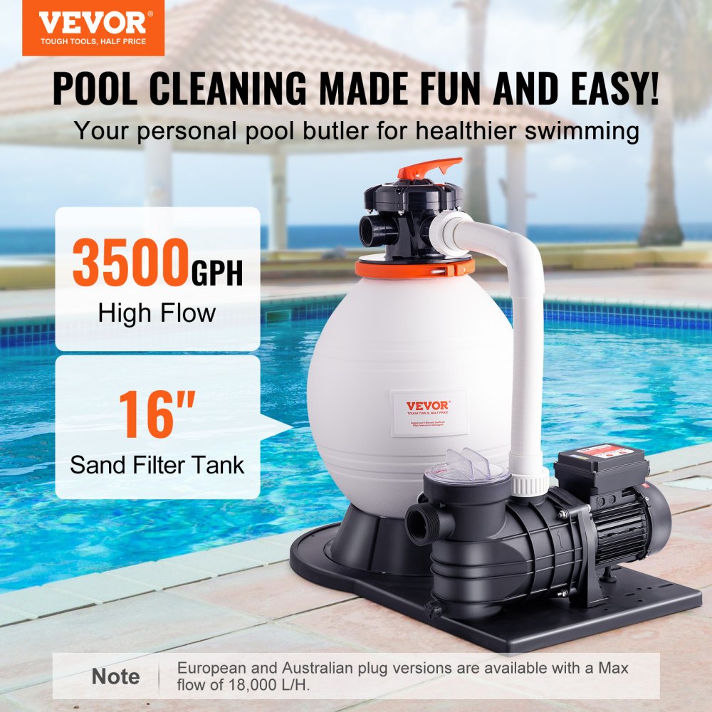 Sand Filter Pump for Above Ground Pools, 16-inch, 3500 GPH, 1 HP Swimming Pool Pumps System & Filters Combo Set with 6-Way Multi-Port Valve and Strainer Basket, for Domestic and Commercial Pools